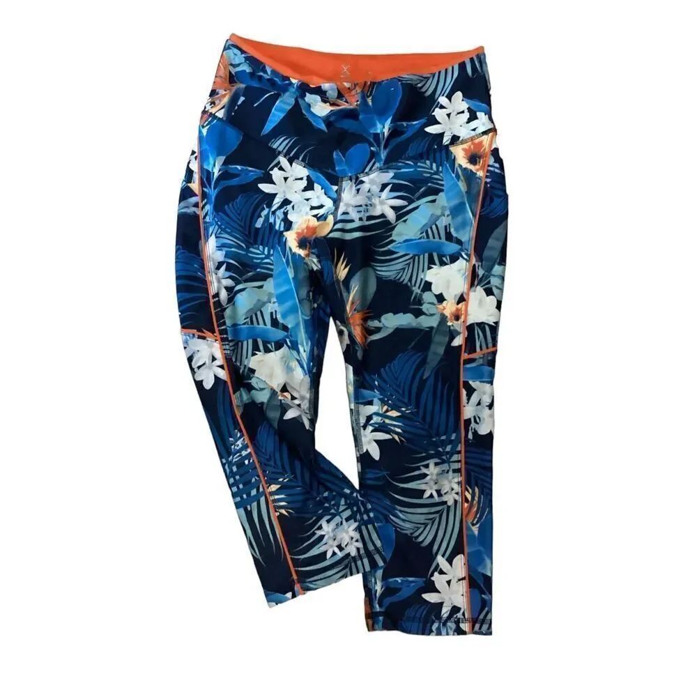 Exersion High - Waisted Printed Leggings Blue / Orange Capris Length L